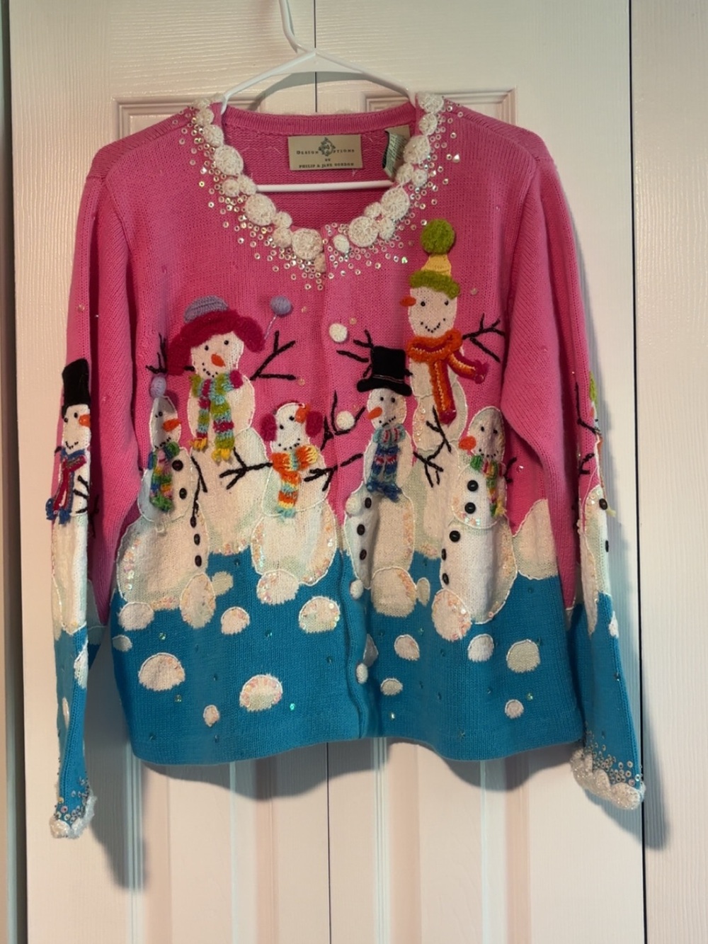 Design Options Vintage Sparkly Snowman Pink Winter Embellished Cardigan Size L